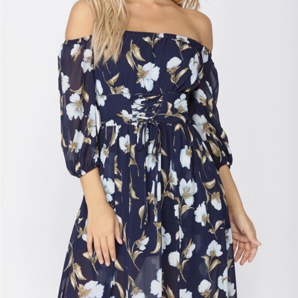 Fashion Nova Navy Floral Long Sleeve Dress